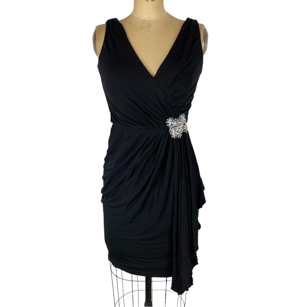Hayden Black Slinky Jersey V-Neck Jewel Embellished Draped Mini Dress Size 4